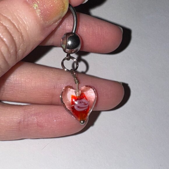 Red Lamp work Glass Heart Dangle Belly Rings - Picture 8 of 9